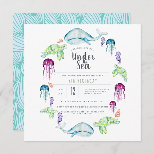 アンダーザシー誕生日 |海クリッターの水彩 招待状 (正面/裏面)