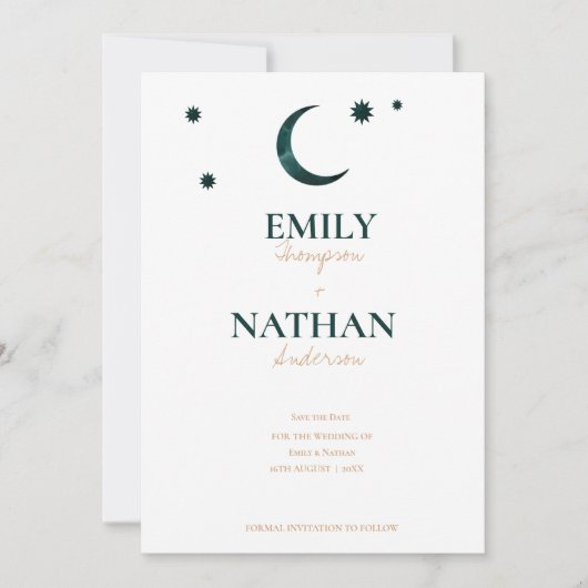 アンダーザスターズグリーンムーンシックタイポグラフィ結婚ズ セーブザデート (正面)