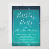 アンダーザスターズティール(緑がかった色)スパークルバースデーパーティー 招待状 (正面)