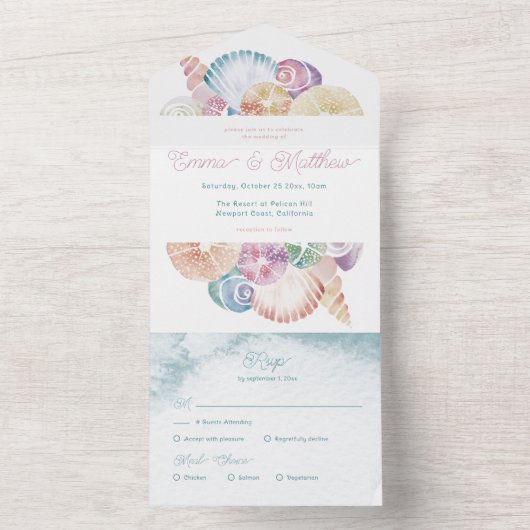 アンダーシーシェルウォーター色ビーチバジェット結婚ズ オールインワン招待状 (内側)