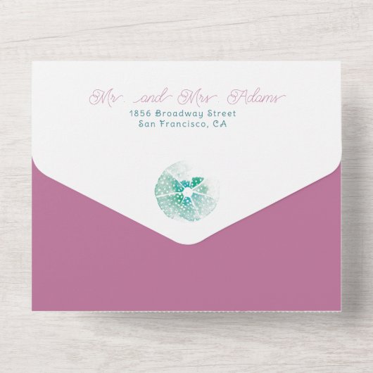 アンダーシーシェルウォーター色ビーチバジェット結婚ズ オールインワン招待状 (裏面)