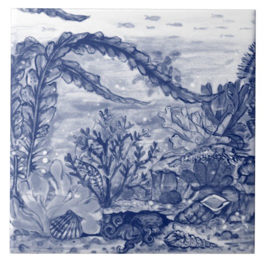 アンダー・ダーク・ブルー・海・シーンOctopus Koullia Pc#5 タイル (正面)