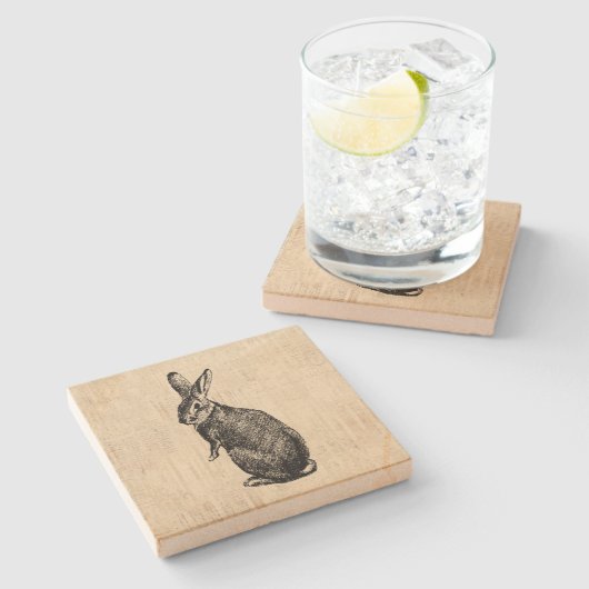アンティークうさぎイラストレーションバニーアートウィズスクリプト ストーンコースター (横)
