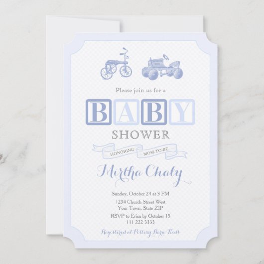 アンティークおもちゃABCブロックタイムレスボーイベビーシャワー 招待状 (正面)