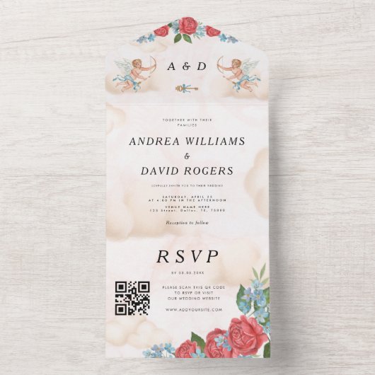 アンティークかわいいヴィンテージ夢想可愛いQRコード結婚ズ オールインワン招待状 (内側)