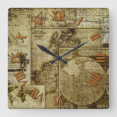 アンティークとヴィンテージの旧世界地図 スクエア壁時計 (正面)