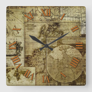 アンティークとヴィンテージの旧世界地図 スクエア壁時計
