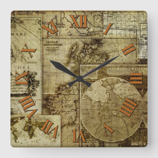 アンティークとヴィンテージの旧世界地図 スクエア壁時計 (正面)