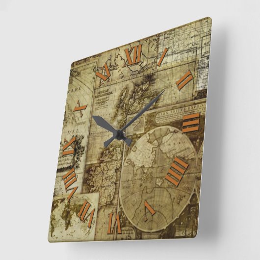 アンティークとヴィンテージの旧世界地図 スクエア壁時計 (傾斜)