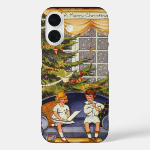 アンティークなクリスマス、ソファに座る子供たち iPhone 16ケース