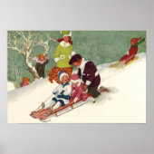 アンティークなクリスマス、雪の中でそり遊びをする子供たち ポスター (正面)