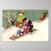 アンティークなクリスマス、雪の中でそり遊びをする子供たち ポスター (正面)