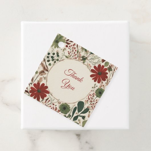 アンティークなセージグリーンとバーガンディレッドの花柄オータム フェイバータグ (インサイチュ)