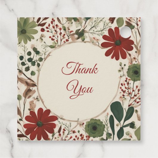 アンティークなセージグリーンとバーガンディレッドの花柄オータム フェイバータグ (裏面)