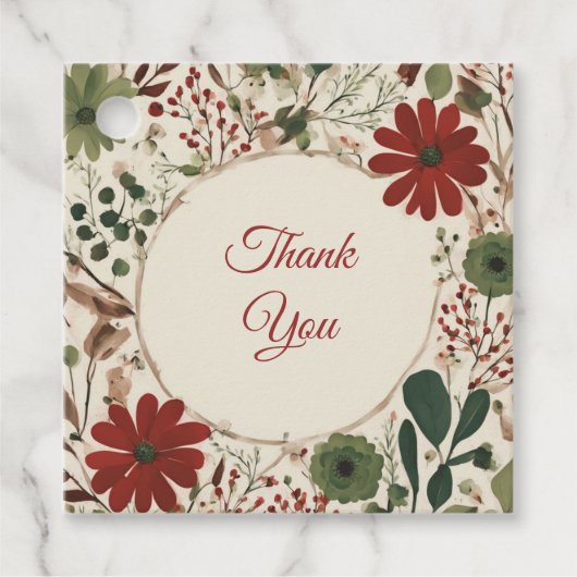 アンティークなセージグリーンとバーガンディレッドの花柄オータム フェイバータグ (正面)