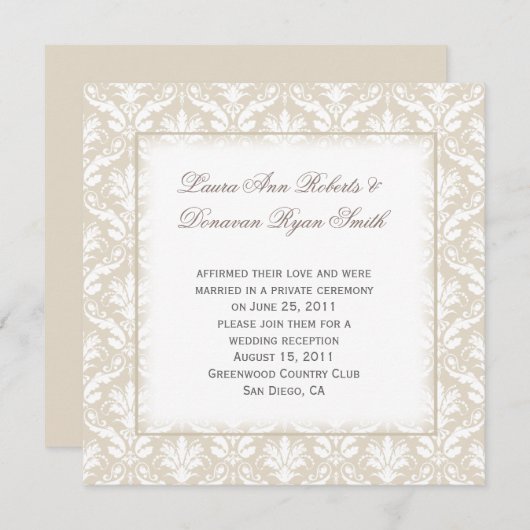 アンティークなタンとホワイトのダマスク柄 ウェディング後 招待状 (正面/裏面)
