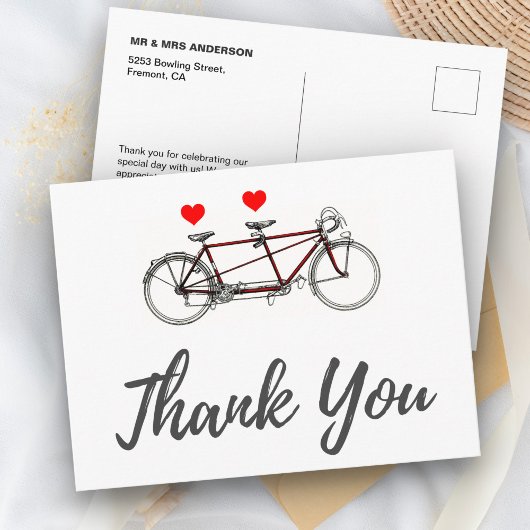 アンティークなタンデム自転車の結婚式のお礼 ポストカード