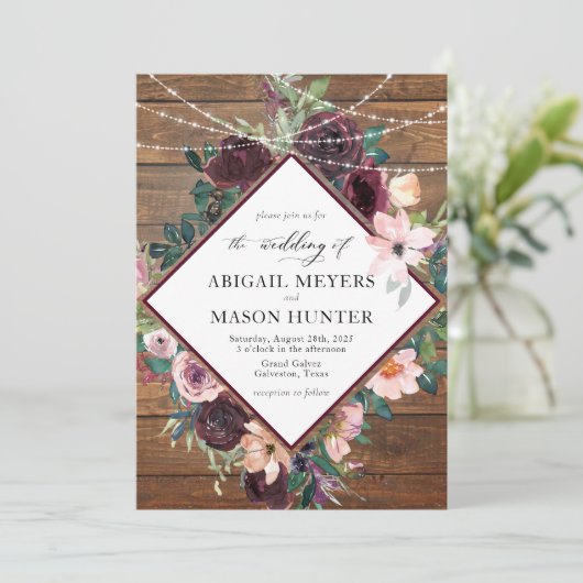 アンティークなバーガンディの水彩花モチーフのウェディング 招待状 (スタンド正面)