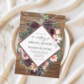 アンティークなバーガンディの水彩花モチーフのウェディング 招待状