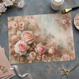 アンティークなピンクのパステルローズの花束デコパージュ 薄葉紙