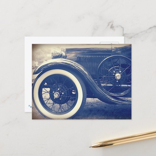 アンティークなブルーの自動車の絵葉書 ポストカード (正面/裏面インサイチュ)
