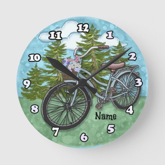 アンティークなブルー自転車 ラウンド壁時計 (正面)