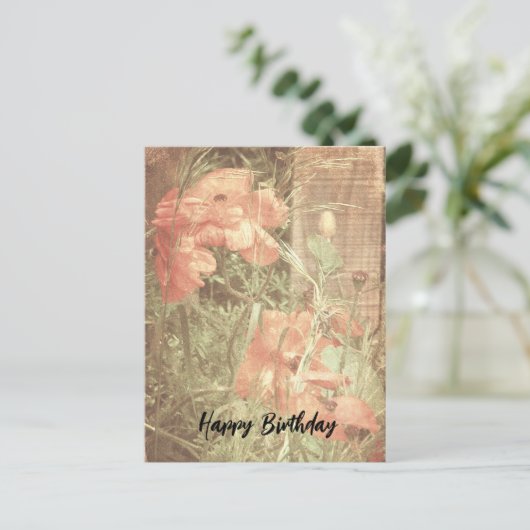 アンティークなポピーの誕生日ポストカード ポストカード (スタンド正面)