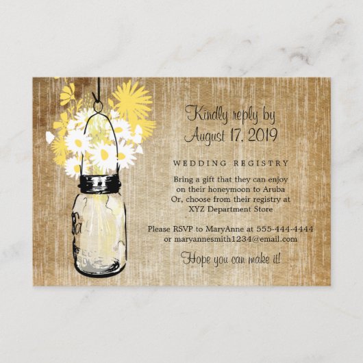 アンティークなルスティックメイソンジャーとデイジーと野の花 エンクロージャーカード (正面)