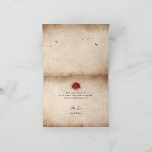 アンティークなルーストックの赤いバラ ゴールドのクラウン 折り畳まれた サンキューカード (内部)