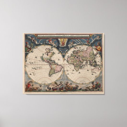 アンティークな世界地図: 歴史的な地図作成アート キャンバスプリント (正面)