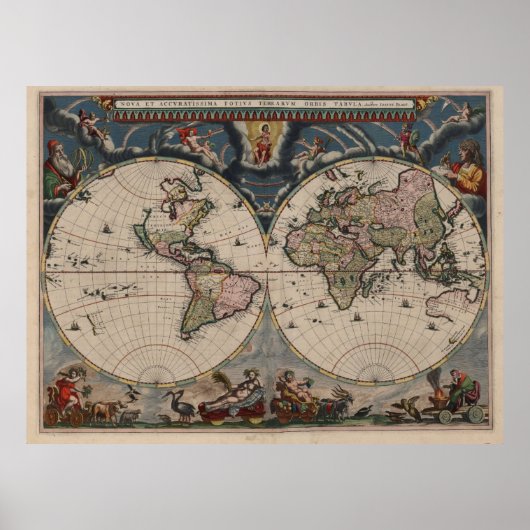 アンティークな世界地図: 歴史的な地図作成アート ポスター (正面)