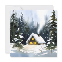 アンティークな冬のキャビンの水彩クリスマス