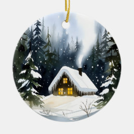 アンティークな冬のキャビンの水彩クリスマス セラミックオーナメント