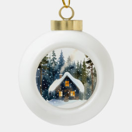 アンティークな冬のキャビンの水彩クリスマス セラミックボールオーナメント