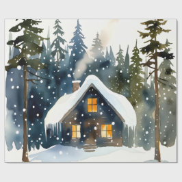 アンティークな冬のキャビン 水彩クリスマス ラッピングペーパー