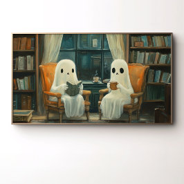 アンティークな図書館で読書する2体の可愛らしいお化け ポスター