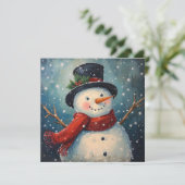 アンティークな帽子とマフラーを身に着けたクリスマスの雪だるま シーズンカード (スタンド正面)