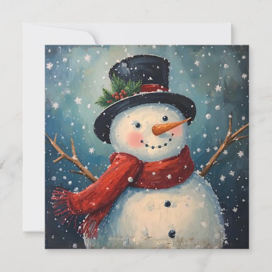 アンティークな帽子とマフラーを身に着けたクリスマスの雪だるま シーズンカード (正面)