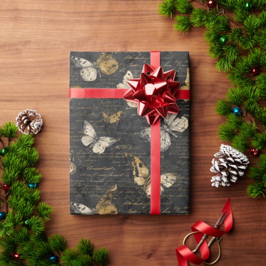 アンティークな手書き風のチョウ ラッピングペーパー (クリスマスギフト)