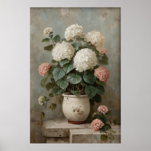 アンティークな春の草原の紫陽花の壁のアートプリント ポスター