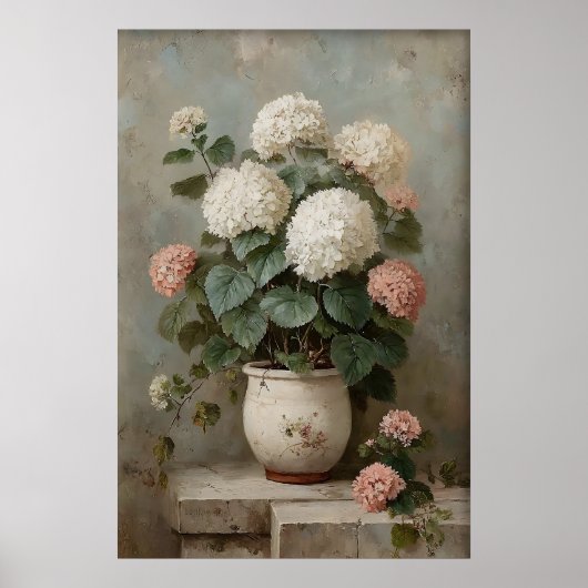 アンティークな春の草原の紫陽花の壁のアートプリント ポスター (正面)