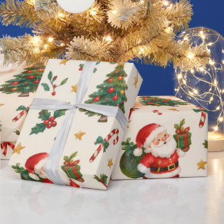 アンティークな水彩クリスマスのサンタとトナカイ ラッピングペーパー