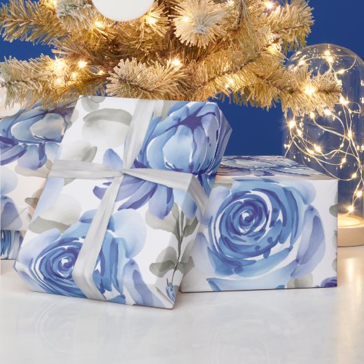 アンティークな水彩ブルーの花柄 ラッピングペーパー (クリスマス)