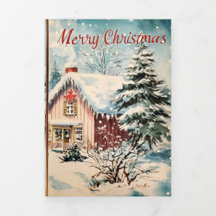 アンティークな水彩画のクリスマスの山小屋 三つ折りクリスマスカード