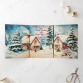 アンティークな水彩画のクリスマスの山小屋 三つ折りクリスマスカード (内部)