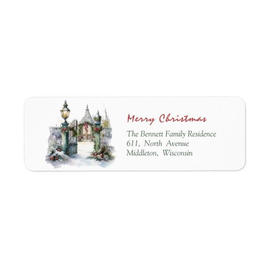 アンティークな水彩画のクリスマスゲート ラベル (正面)