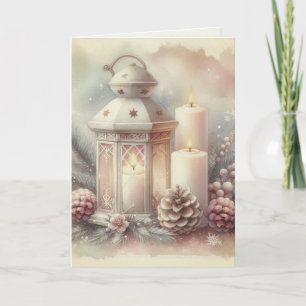 アンティークな水彩画のクリスマスランタンとオーナメント カード