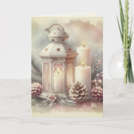 アンティークな水彩画のクリスマスランタンとオーナメント カード (正面)