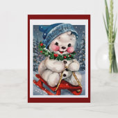 アンティークな水彩画の雪だるまソリ クリスマス カード (正面)