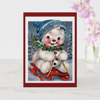 アンティークな水彩画の雪だるまソリ クリスマス カード